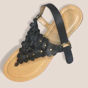 A. Giannetti Flat Black Gold Floral Thong Sandals